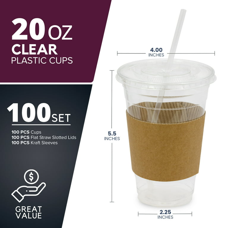 [100 Pack] 20 oz Clear Plastic Cups with Flat Slotted Lids for Iced Cold Drinks Coffee Tea Smoothie Bubble Boba, Disposable, Large Size