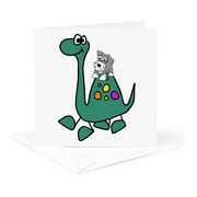 3dRose, Funny Cute Schnauzer Dog Riding Blue Brontosaurus Dinosaur , 1 Greeting Card with envelope
