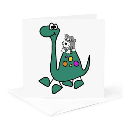 3dRose, Funny Cute Schnauzer Dog Riding Blue Brontosaurus Dinosaur , 1 Greeting Card with envelope