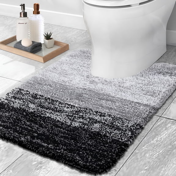 RLESO U-Shaped Bathroom Rugs Super Soft Microfiber Toilet Bath Mat Non-Slip Rubber Backing Contour Carpet 20x24 Black