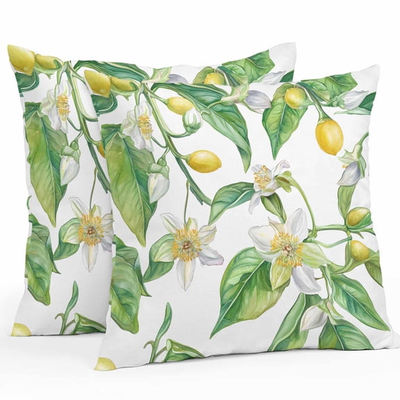 Outdoor Waterproof Pillow Covers Pack of 2, Summer Plant Vintage White Floral Lemon Farm Decorative Throw Pillowcases Cushion Covers for Garden Patio Tent Sofa Couch, 24x24 inch