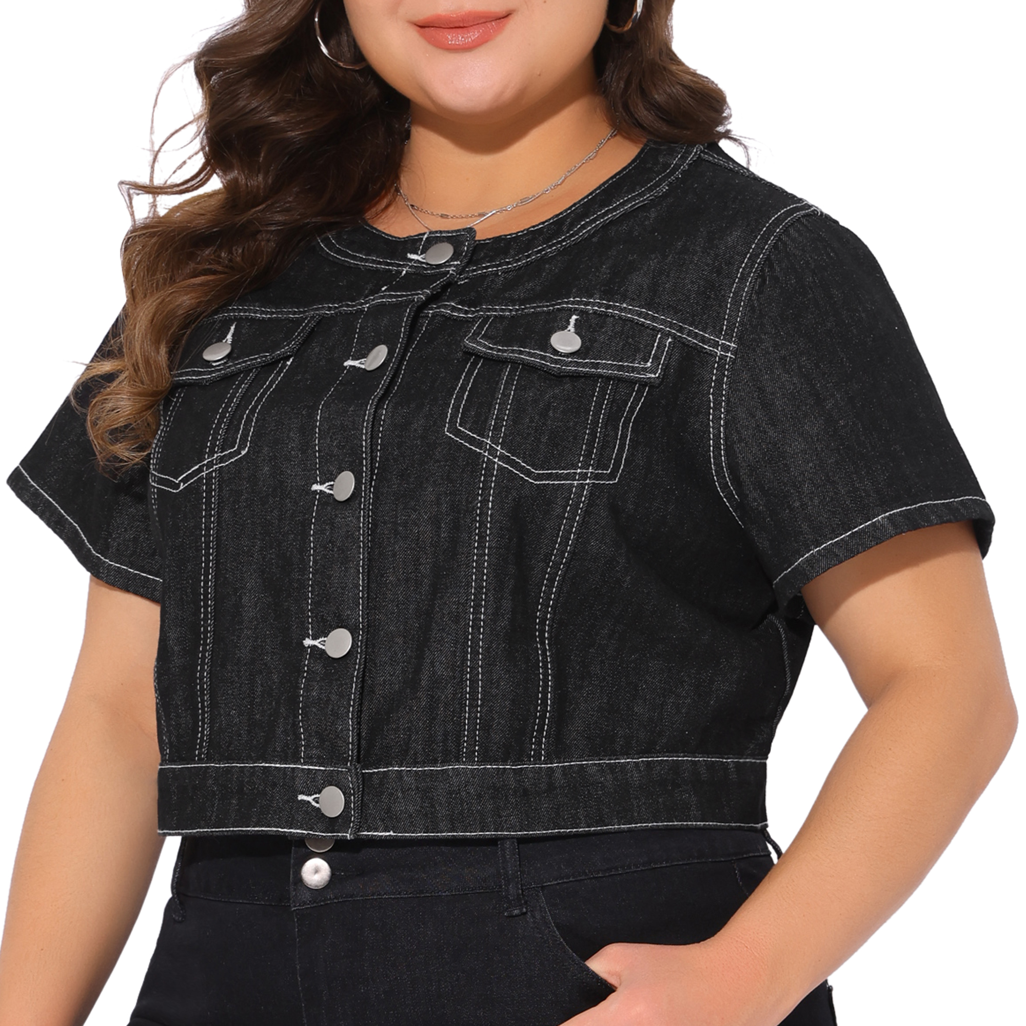 DARING DIVA Women's Plus Size Crew Neck Button Down Cropped Denim Vest 4X Black