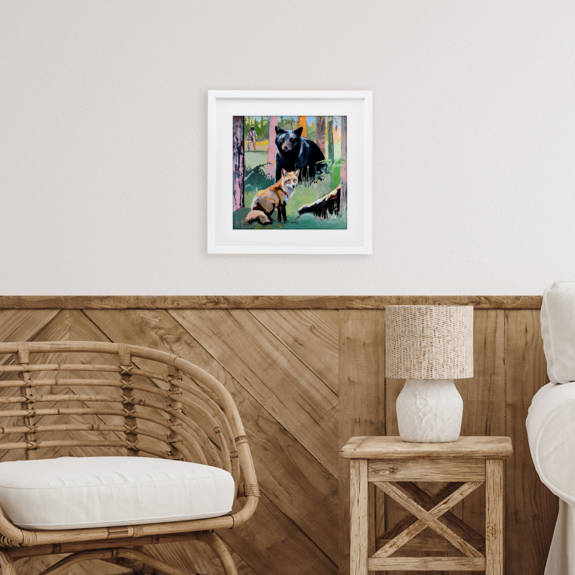 Forest Animals in Deep Space White Framed Print Under Glass, design by Adam Swanson
