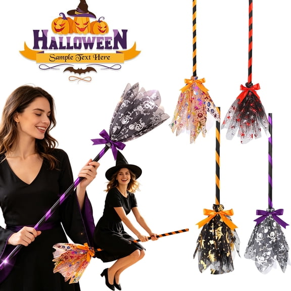 Viflosae 35in Halloween Witch Broom Decoration Mesh Magic Flying Broomstick Prop for Party Costume Wall Hanging