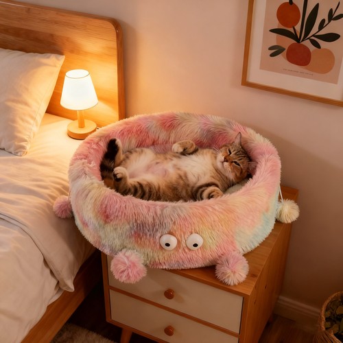 Colourtree Cute Colorful Plush Cat Bed - Monster Design Fluffy Pet Bed with Pom Poms, Soft Warm Comfortable Nest for Indoor Cats, Ideal for Napping & Lounging