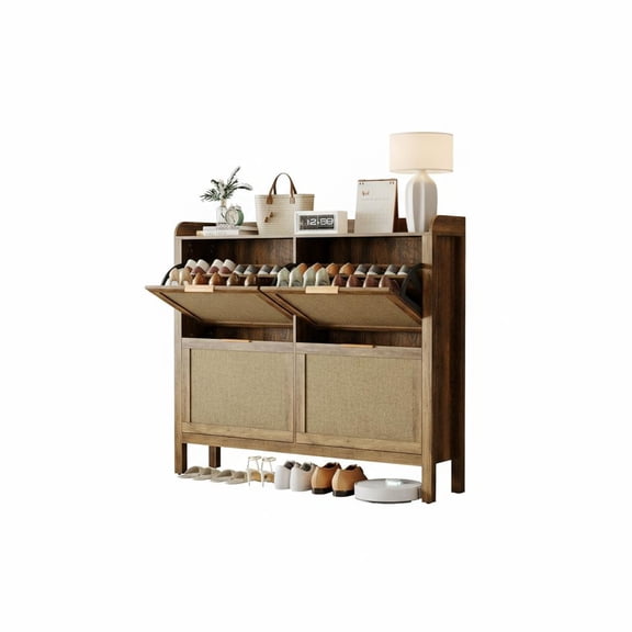 47" Boho Rattan Shoe Cabinet with 4 Flip Drawers, Slim Freestanding Shoe Storage with Adjustable Shelves for Entryway, Hallway or Foyer, Brown