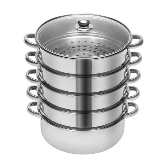 5-Tier Stainless Steel Steamer Pot Cooker W/ Steamer Pans ＆ Glass Lid for Cooking 10" Diameter