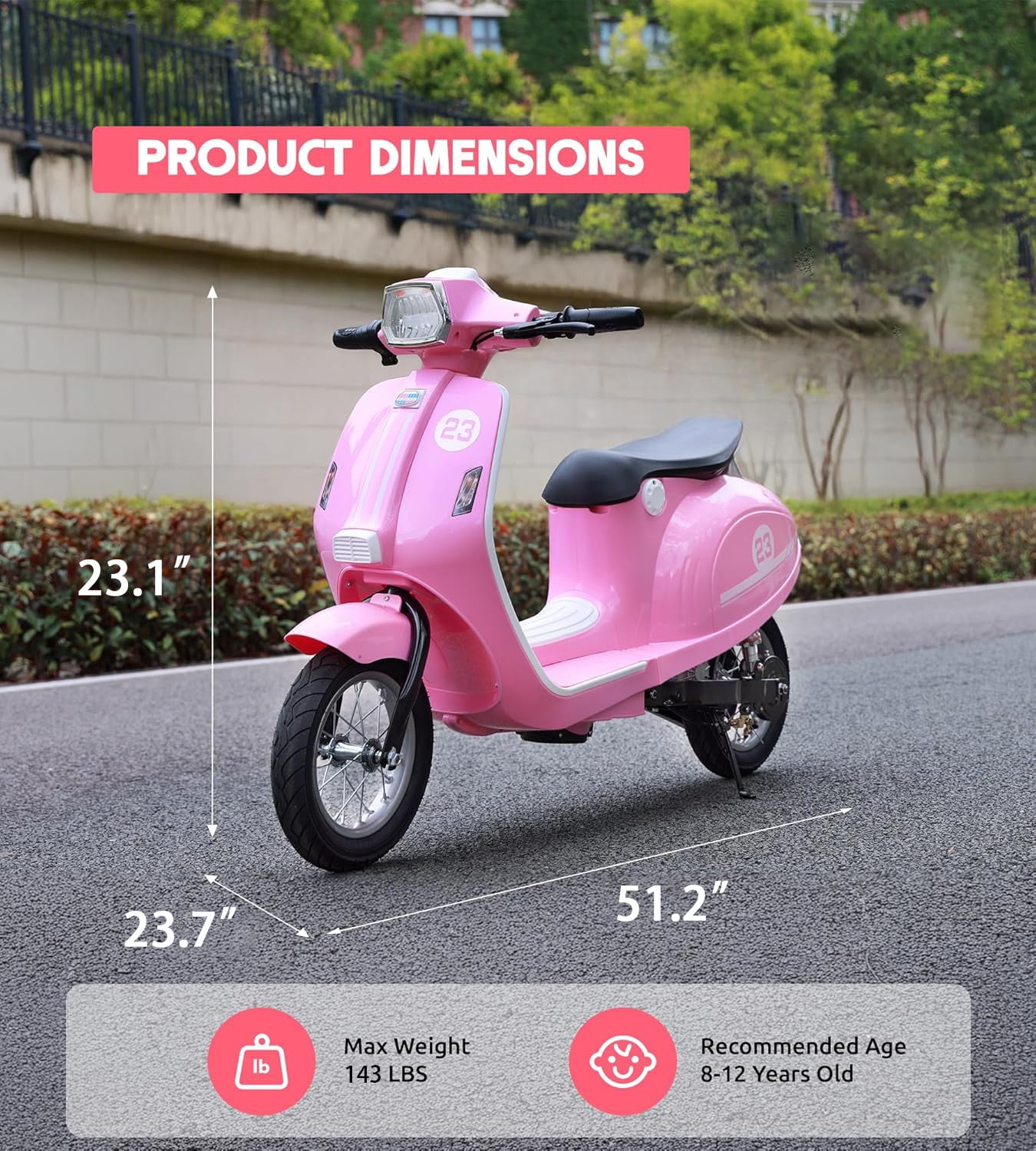 Track Seven 24V Ride on Motorcycle 250W Electric Motorcycle,  Max Speed 10 Mph, Twist-Grip Throttle,  2 Speeds, MP3 Player, Bluetooth, Ride on Toy Car for Boys Girls Age 8+, Pink
