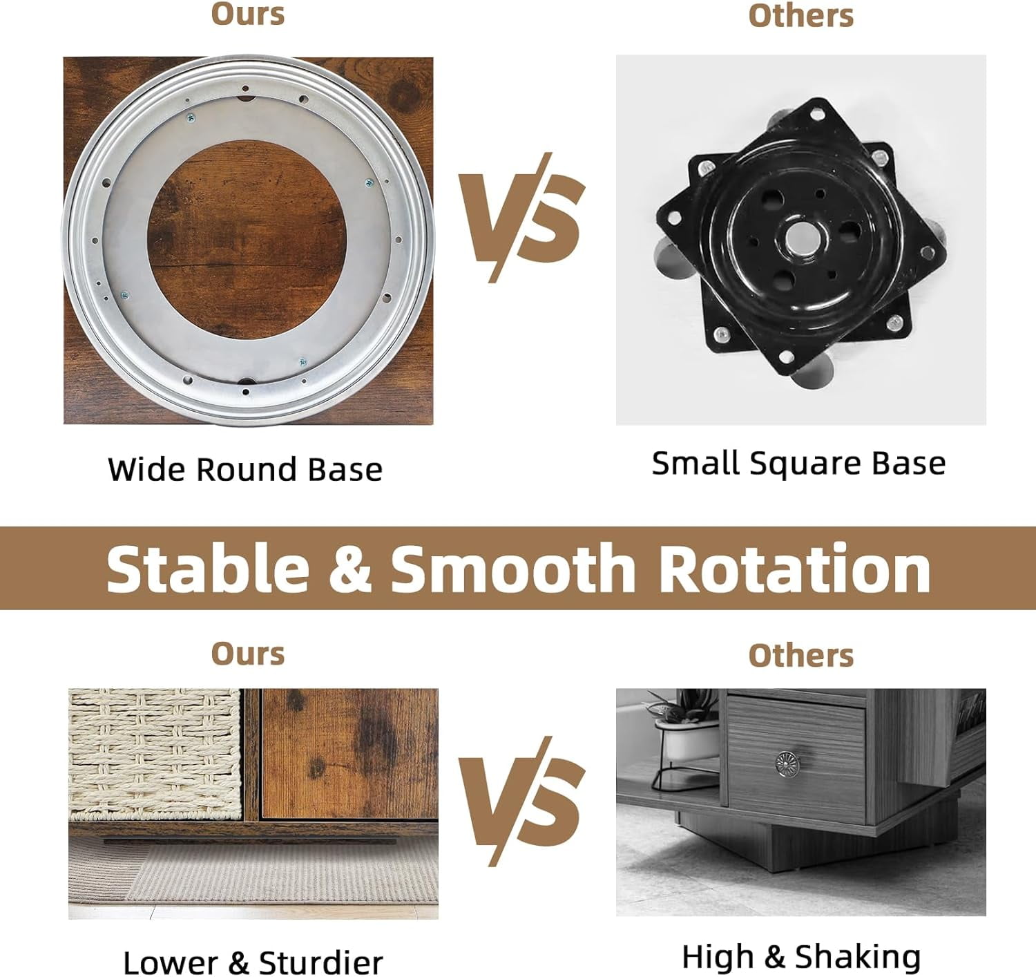 TooCust Rotating End Table with Storage, Rotating Side Table Living Room, Side Table with Magazine Holder, Basket and Cabinet, Sofa Side Farmhouse End Tables with Open Shelf (Rustic Brown)