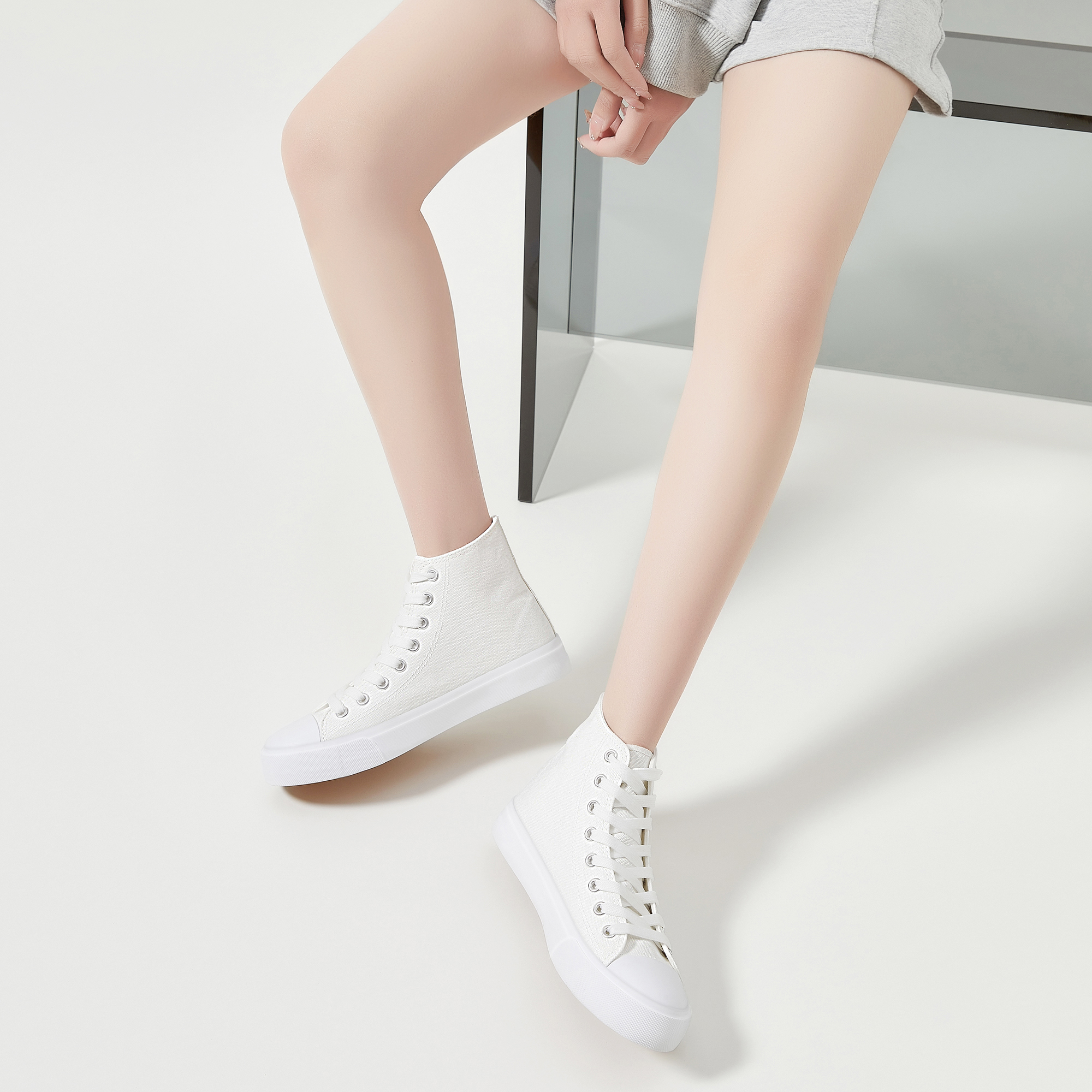 AOMAIS Womens High Top Canvas Sneakers Lace Up Mid Top Canvas Shoes Comfortable Non Slip Walking Shoes Casual Tennis Shoes for Women(Off-White US11)