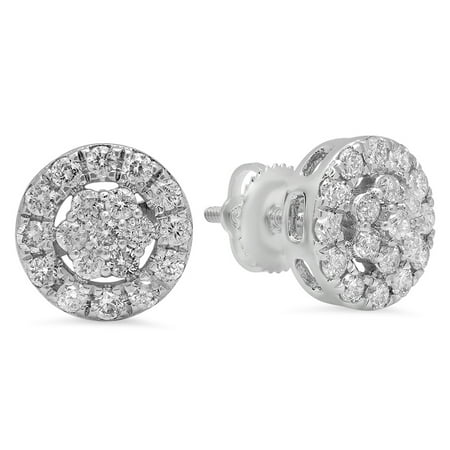 18k Brilliant Cut Stud - 0.90 Carat (ctw) 18K Gold Round Cut White Diamond Ladies Cluster Style Stud Earrings