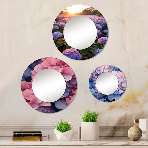 Designart "Blooms of Hydrangea in Pink and Blue II" Floral Round Mirror Set Of 3 - Traditional Pink Round Office Wall Mounted Mirror Set