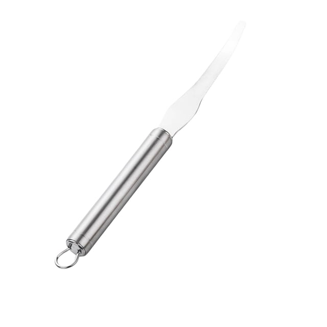 Pelador curvo de acero inoxidable con doble filo dentado, pelador y extractor para postres y frutas ácidas, 1 unidad