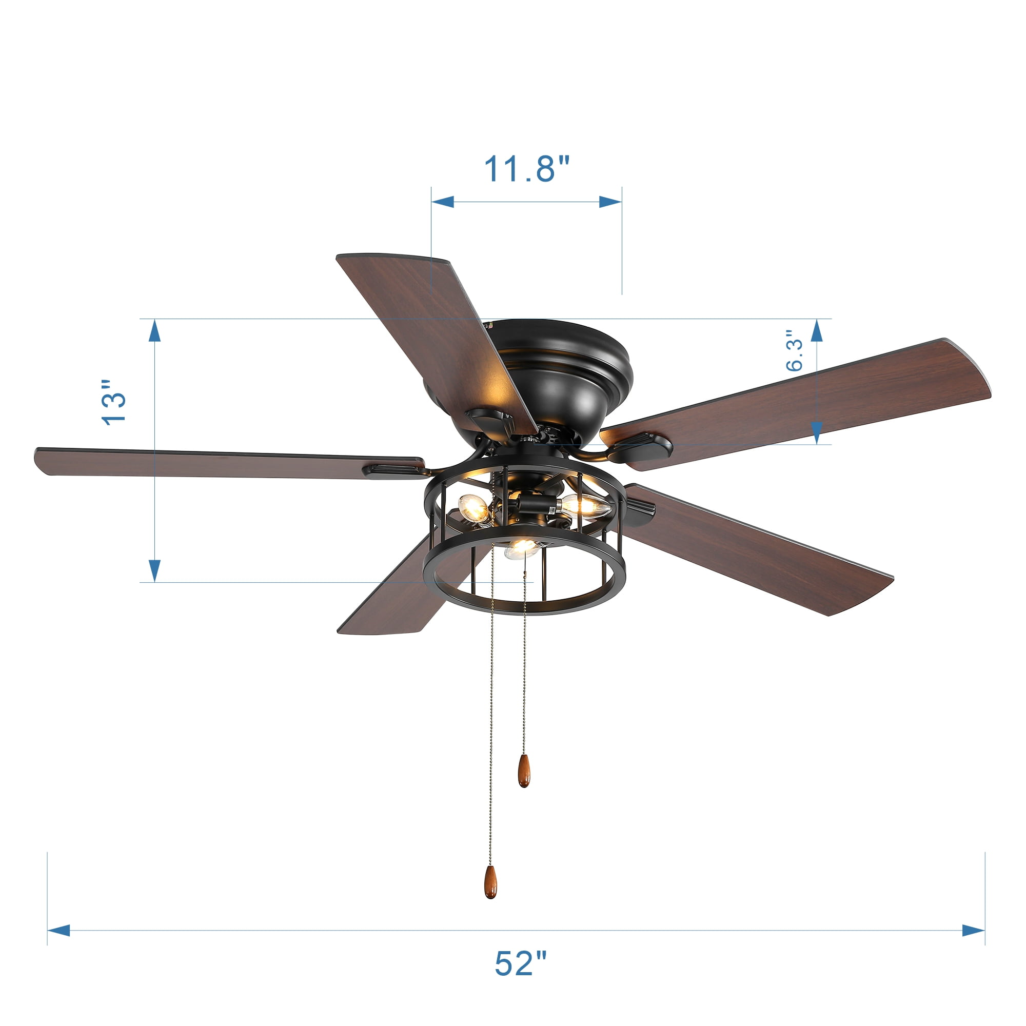 ALKAFY 52-inch Traditional Flush Mount Ceiling Fan with Light, Pull Chain and Classic Plywood Blades for Bedroom, Living Room, Kitchen