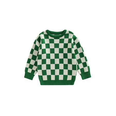 

Genuiskids Toddler Baby Girl Boy Knit Sweater Checkerboard Plaid Long Sleeve Crewneck Pullover Knitwear Warm Fall Winter Clothes