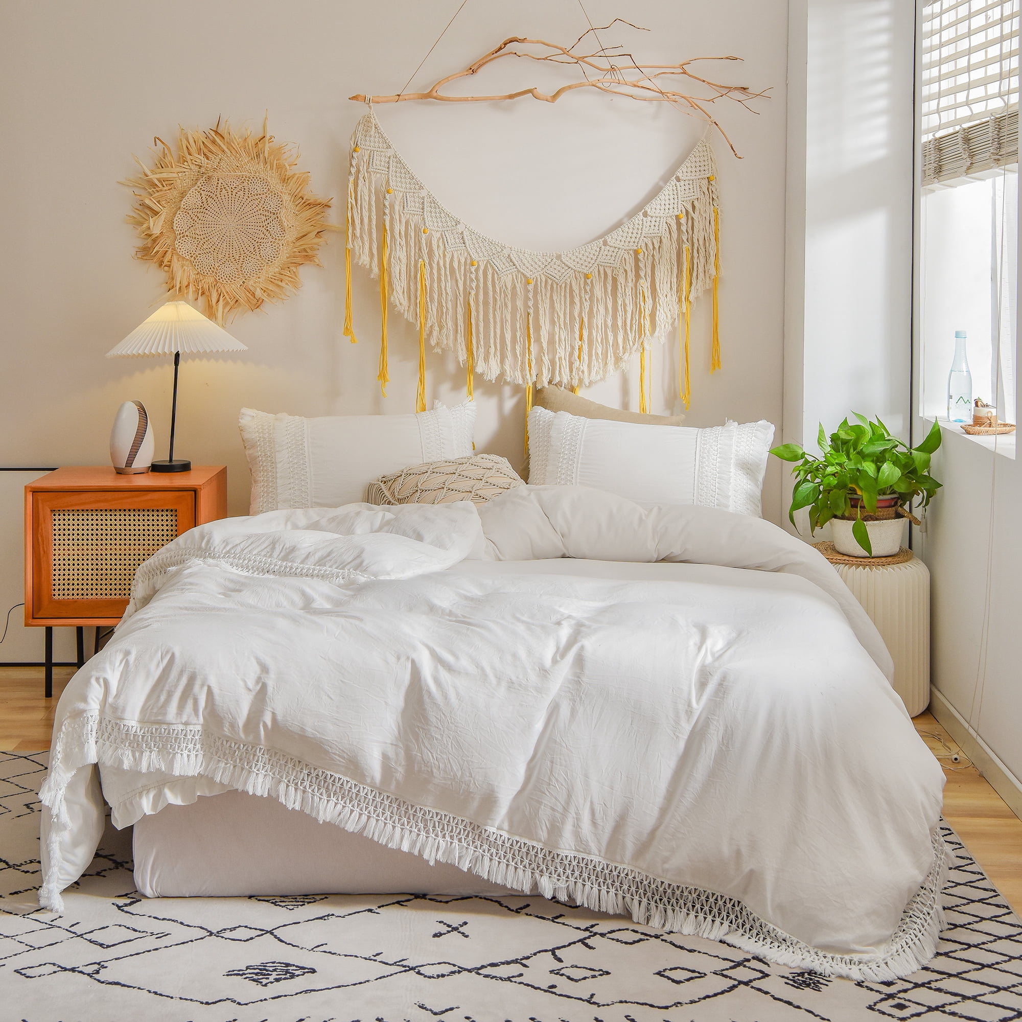 Move Over White Macrame Tassel Bedding Sets Queen Boho Chic Washed Microfiber Tassel Patern Duvet Cover No Filling