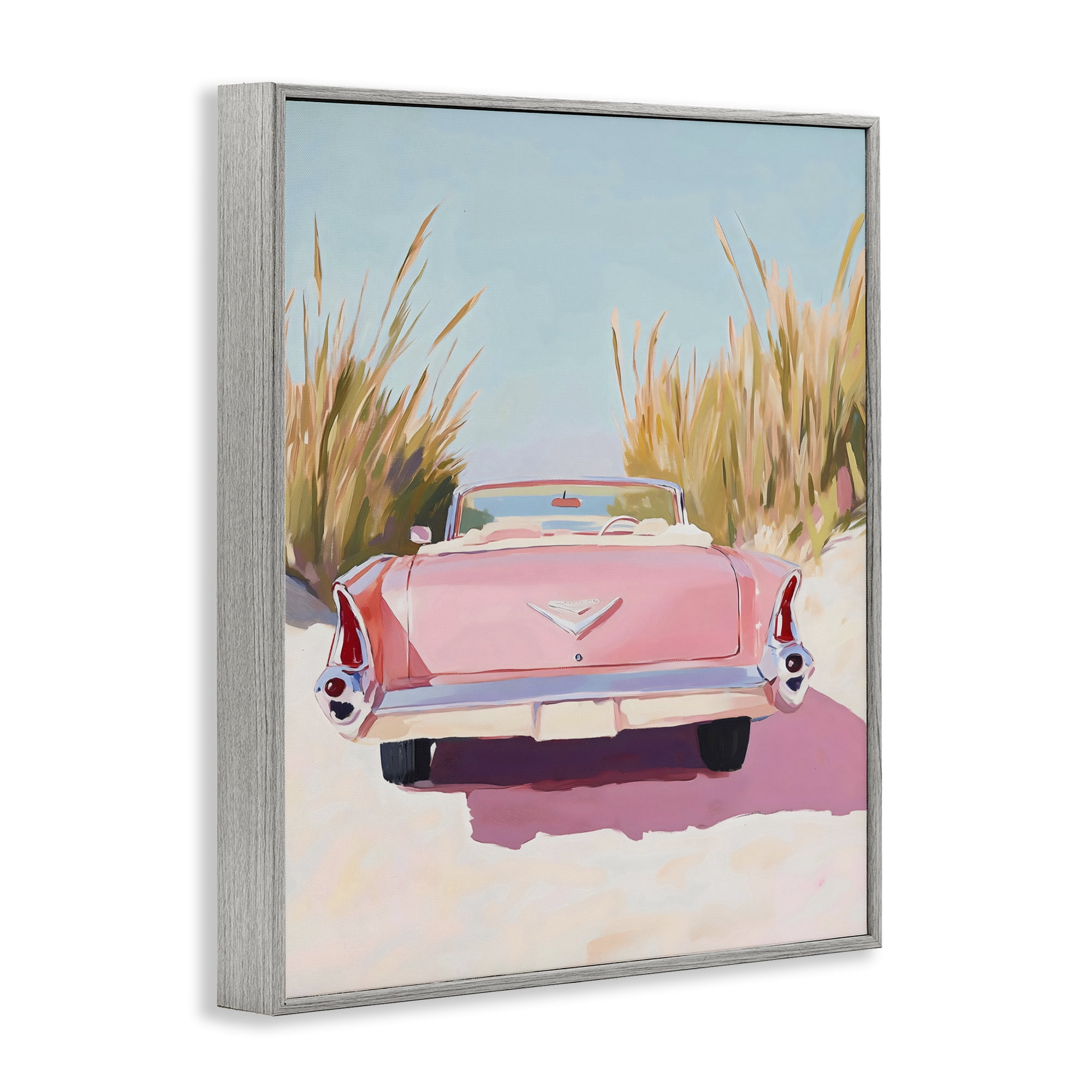 Stupell Industries Pink Cadillac on Beach Gray Framed Giclee Art, design by The Prints Vibe