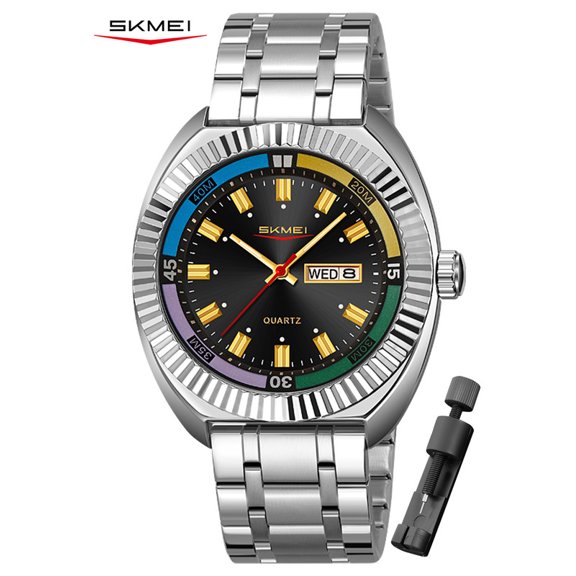 SKMEI Watch for Men, Round Quartz Watch with Date Display, Stainless Steel Band