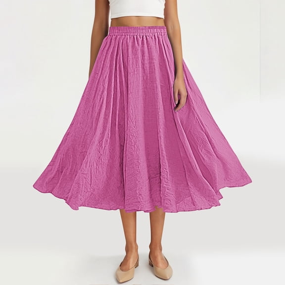 Women’s A-Line Midi Skirts Casual Elastic High Waist Flowy Swing Beach Boho Free Size Long Skirt Hot Pink A Free Size