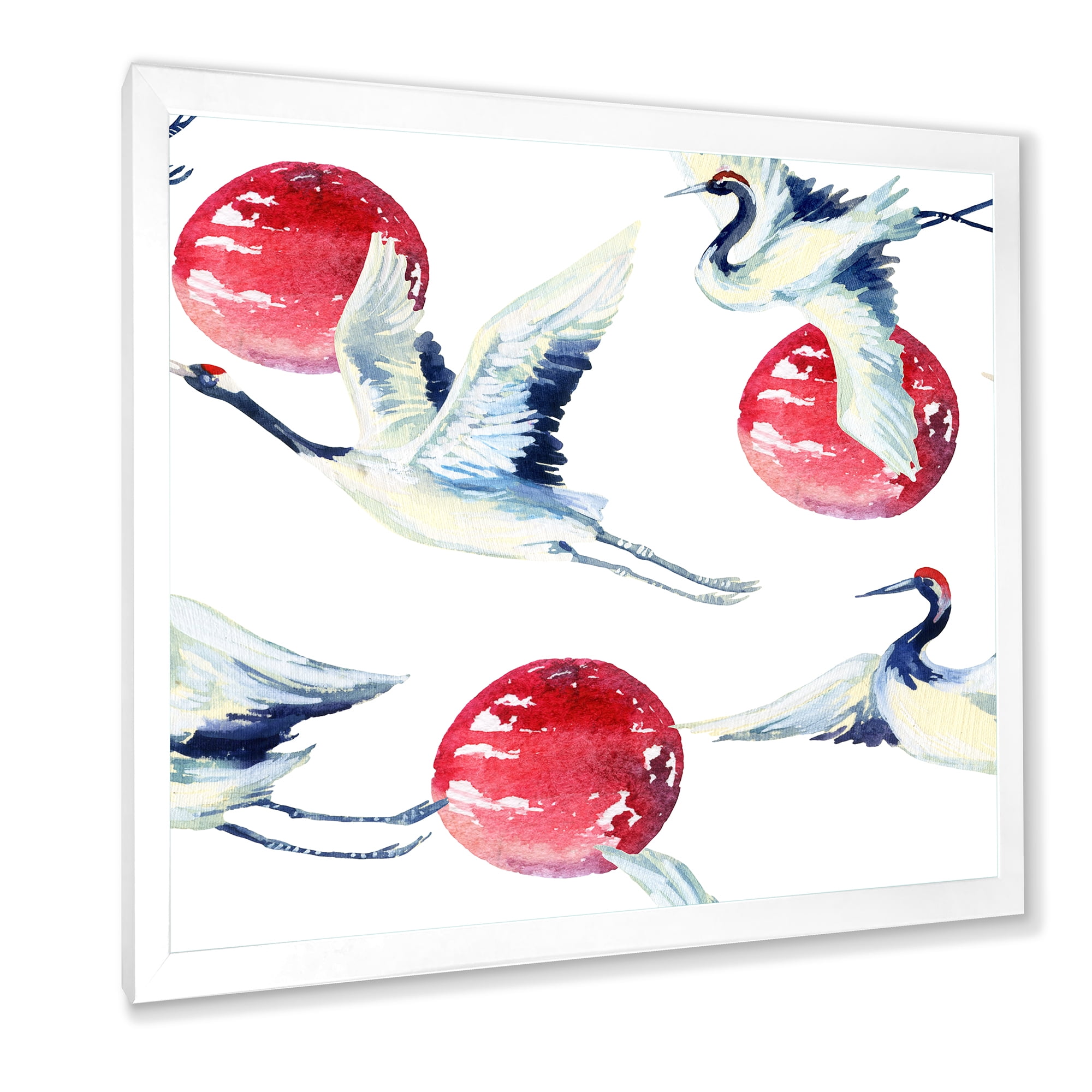 Designart 'Red Full Moon With Asian Crane Bird' Traditional Framed Art Print