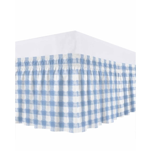 Rustic Country Ruffle Bed Skirt Queen Size Blue Watercolor Plaid Farmhouse Adjustable Elastic Dust Bed Skirts Wrap Around Bedskirt Wrinkle Free Easy Fit with 18 Inch Drop