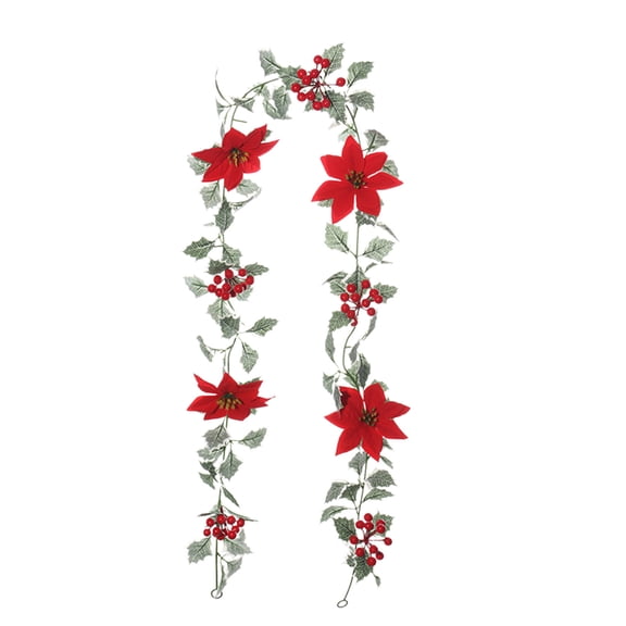 6FT Red Berry Christmas Garland, Artificial Berries Garland, Poinsettia Flowers and Holly Leaves, Poinsettia Christmas Decorations for Indoor Outdoor Holiday Home Decor