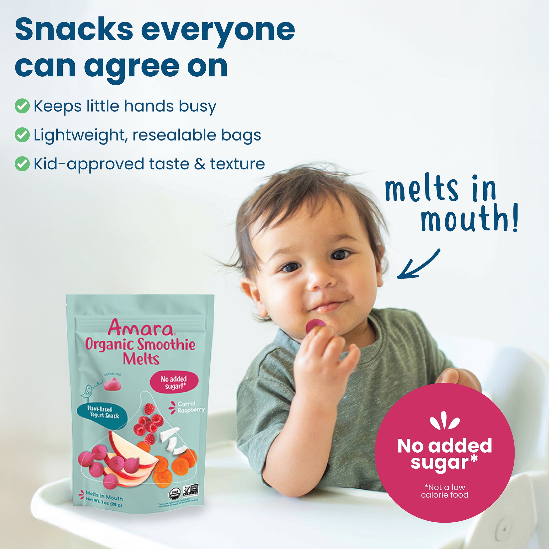 (8 pack) Amara Organic Smoothie Melts, Carrot Raspberry, Baby & Toddler Snack, No Added Sugar, Stage 2, 1 oz Bag