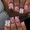 thumbnail image 1 of 24 Pcs Valentines Day Press On Nail Short Square False Nail 3D Bows Stick On Nail French T, 1 of 5