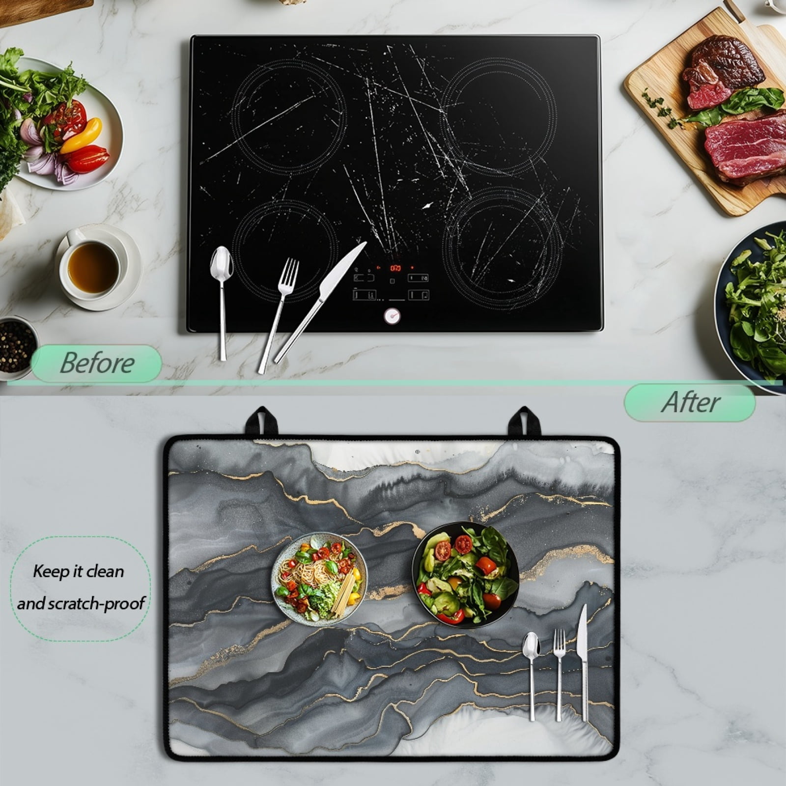 Renewold Electric Stove Top Cover for Stove Top, Induction Electric Stove Protector Non-slip Glass Cooktop Cover Range Cover Multipurpose Flat Top Stove Mat, Black Gold Marble