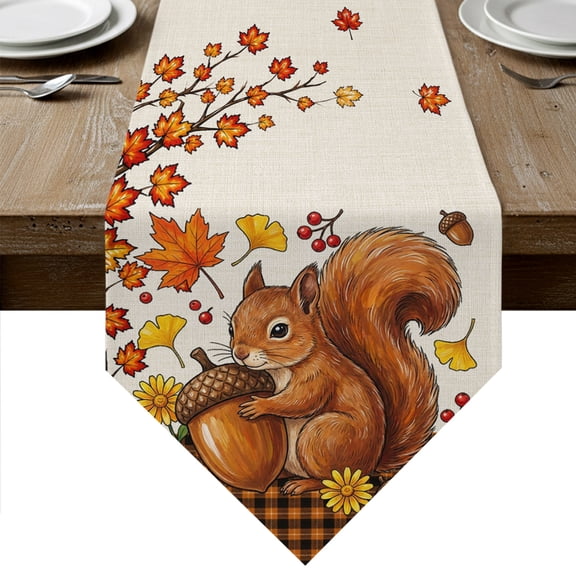 Squirrel Fall Table Runner Linen Burlap Table Runner 72 Inches Long Thanksgiving Branches Berry Rustic Dresser Scarves for Kitchen Island Coffee Dining Room Party Wedding Holiday Decoration 16"x72"