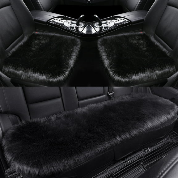 Luxury Long Wool Car Seat Cover Full Set -Black 3 pcs Front & Back Protector Pad Soft Sheepskin Seat Cushion Fur Winter Mat Universal Fit