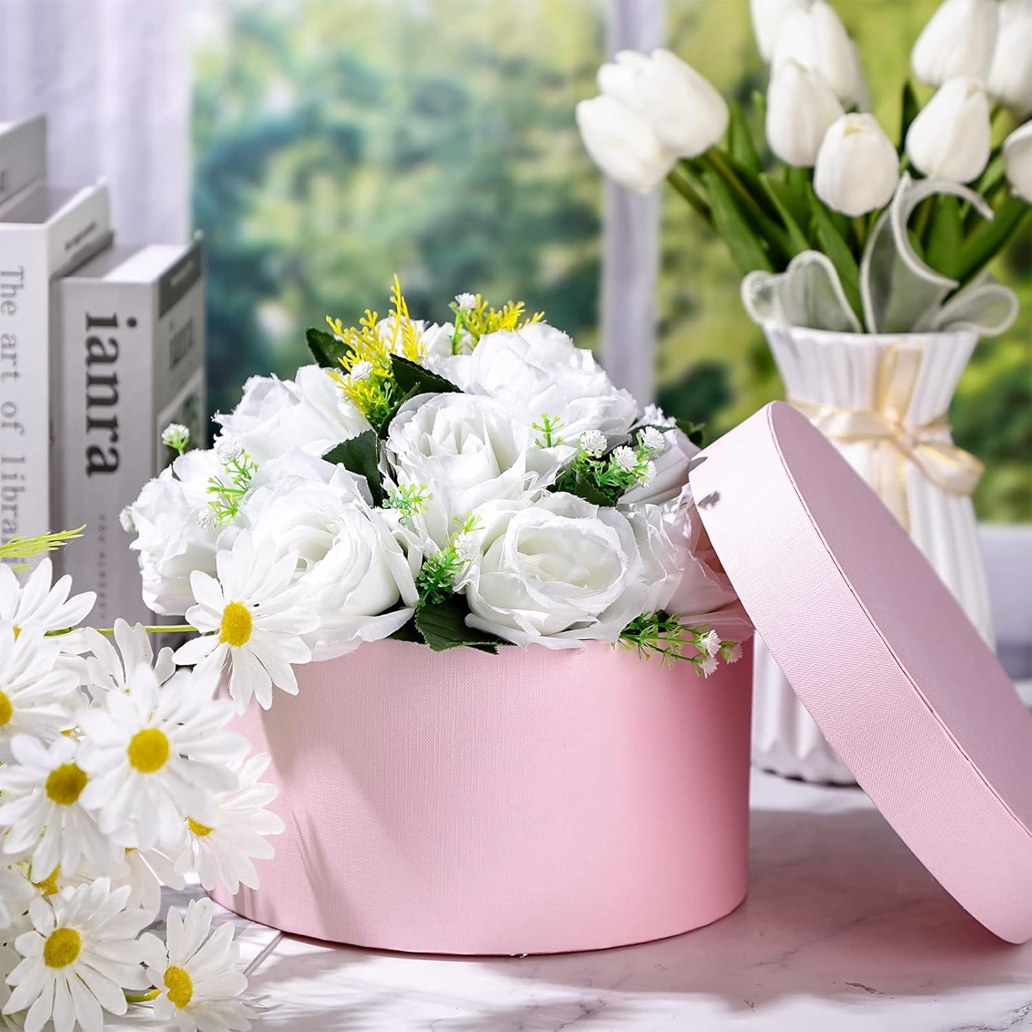 ANHXN Gift Boxes with Lids Floral Foam Set Round Boxes Flower Arrangements Supplies Round Floral Foam for Flowers for Mother's Day Bridesmaid Wedding(1 piece
）