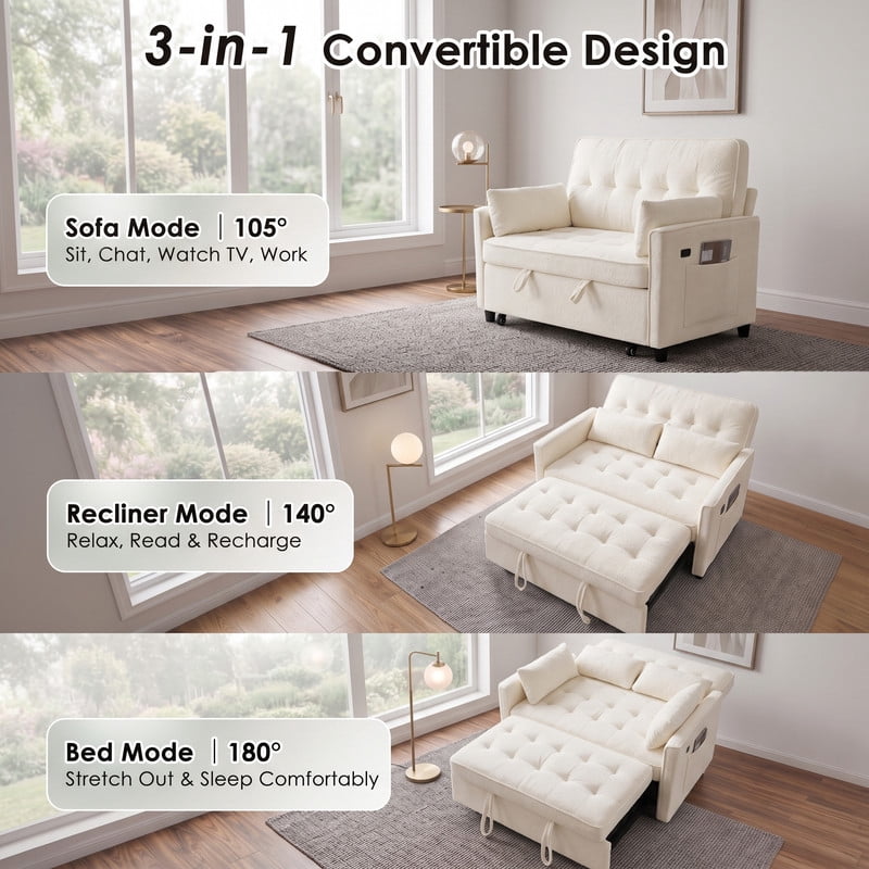 Anpport 54" 3‑in‑1 Convertible Sofa Bed, Towel Fabric, 3‑Position Adjustable Backrest with USB Charging Ports, for Living Room, Apartment, Beige