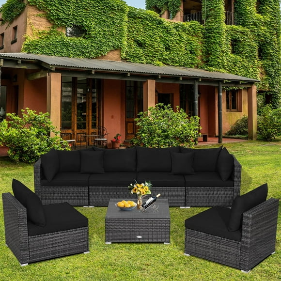 Gymax 7PCS Patio Rattan Sectional Sofa Set Outdoor Furniture Set w/ Black Cushions