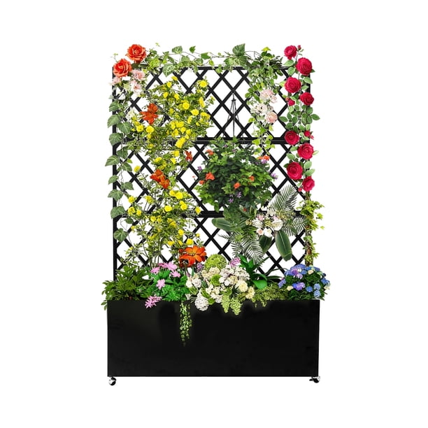 QinaQin Jardinera elevada negra de metal con enrejado y pantalla de privacidad, maceta para exterior ideal para plantas trepadoras, patio, balcón o jardín
