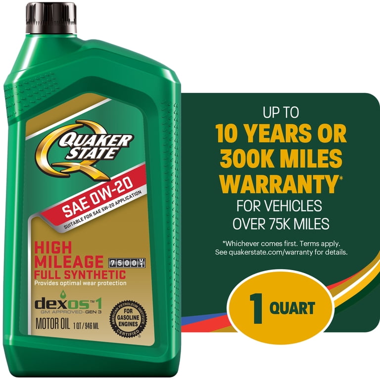 Quaker State Full Synthetic High Mileage 0W-20 Motor Oil, 1 Quart