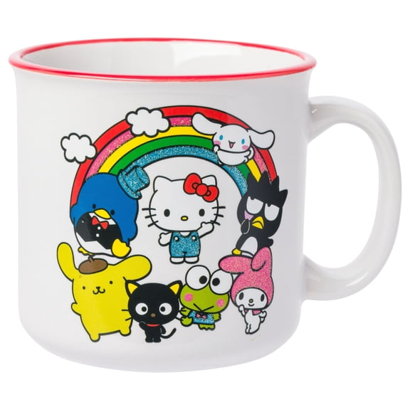 Silver Buffalo Sanrio Hello Kitty and Friends Featuring My Melody, Keroppi, Chococat, Pompompurin, Tuxedo Sam, Cinnamoroll, and Badtz-Maru Rainbow Glitter Ceramic Camper Mug, 20 Ounces