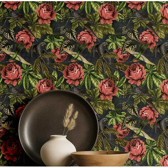 S4Sassy Removable Nature-Inspired Waterproof Wall Wrap, Finish Wallcover, Vintage Roses & Birds Contact Paper For Walls, Cabinets, Dresser, Self Adhesive Vinyl Wallpaper Roll - Blue (25"X 120")
