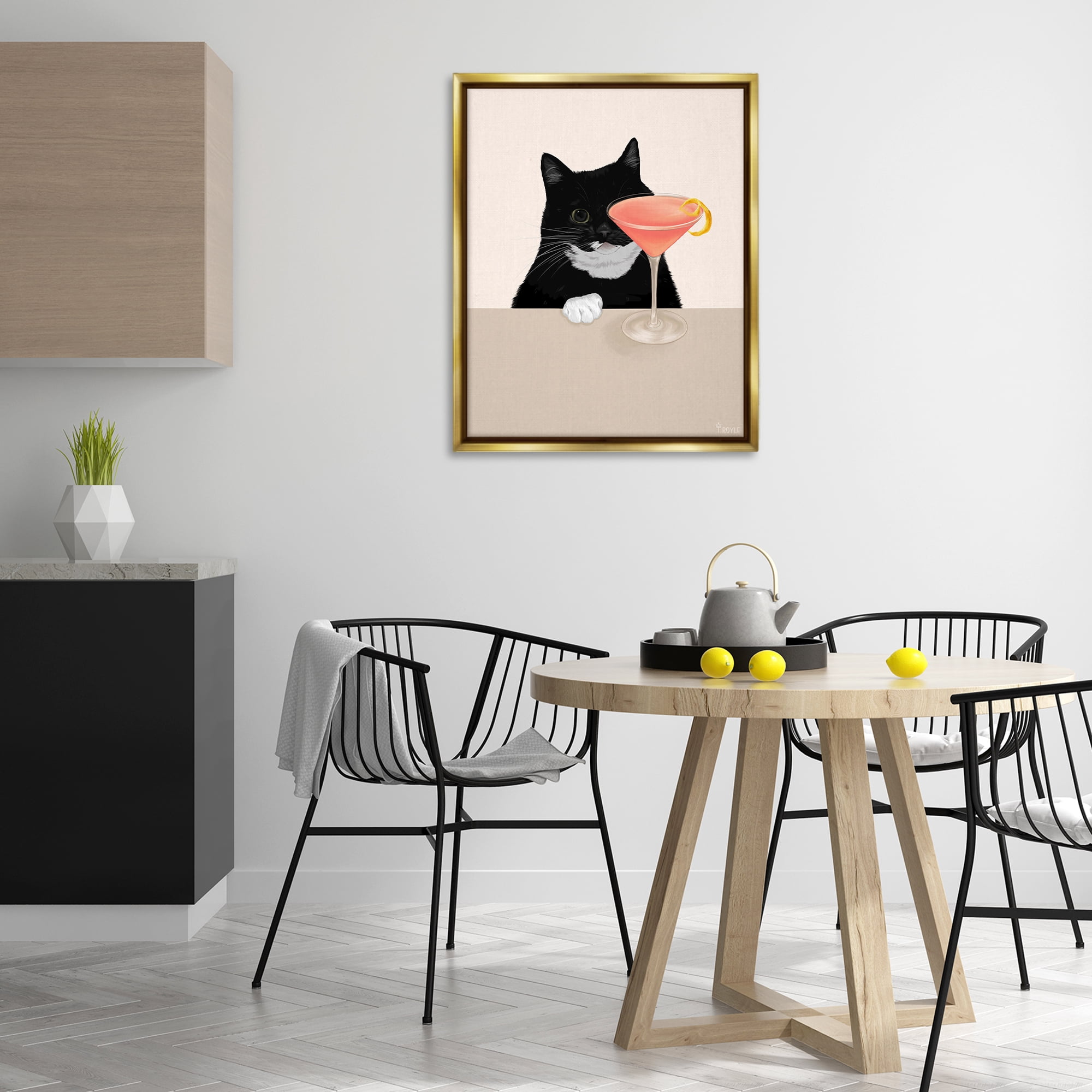 Stupell Industries Cat & Pink Cocktail Food & Beverage Painting Gold Floater Framed Art Print Wall Art, 25 x 31