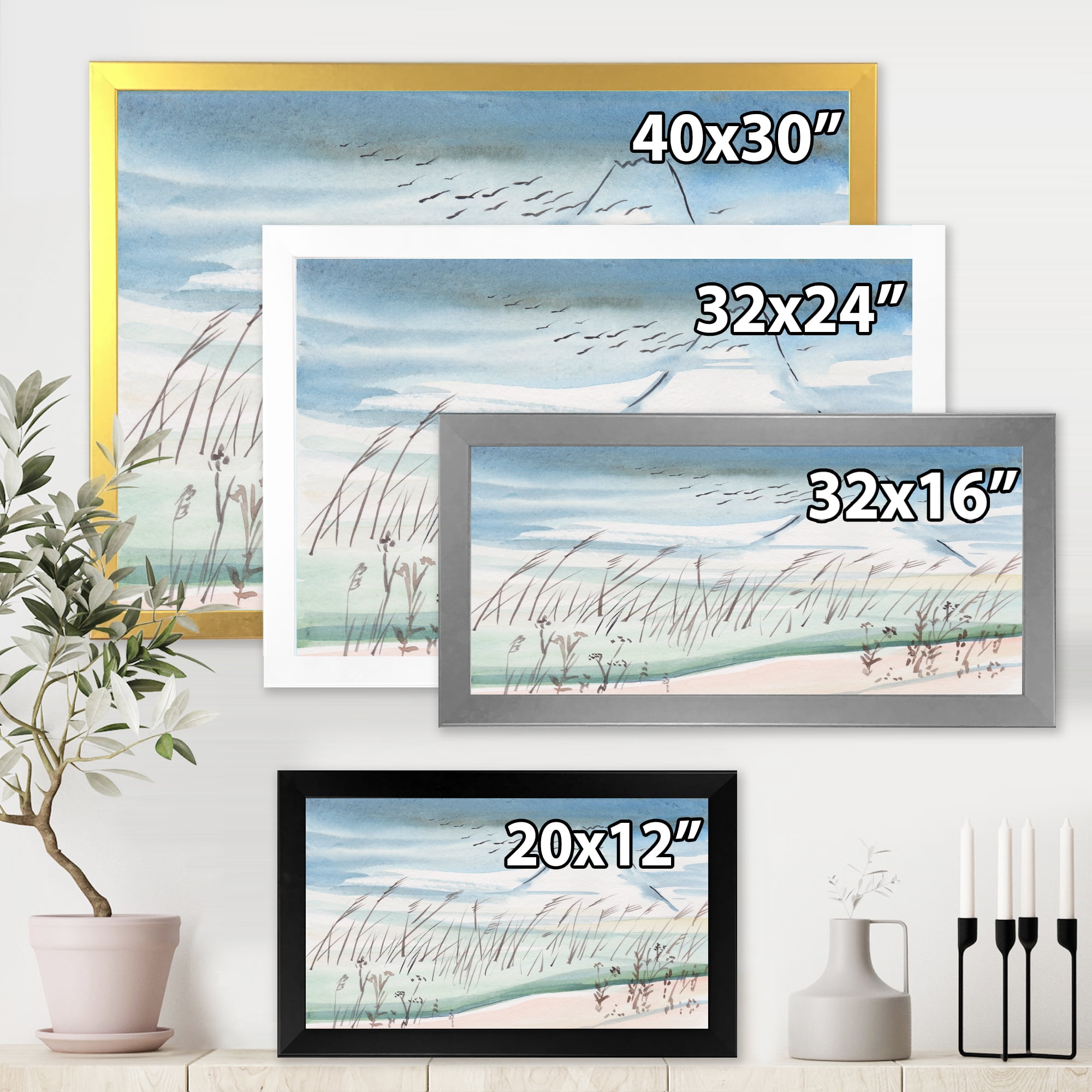 Designart 'Crane Birds Flying Over Snowy Montain' Traditional Framed Art Print