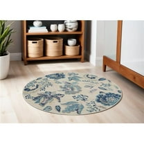 HomeRoots 553275 5 ft. Floral Round Rug, Ivory, Navy Blue & Light Blue