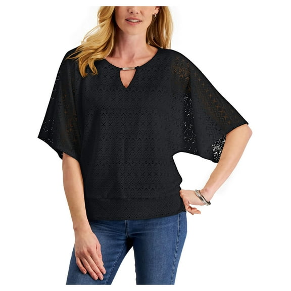 JM Collection Womens Eyelet Crewneck Pullover Top