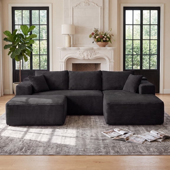 Garvee Modular Sectional Sofa with Ottoman, 2-Seat L-Shaped Corduroy Cloud Couch with Movable Chaise, Convertible Sofa for Living Room Small Apartment, Black