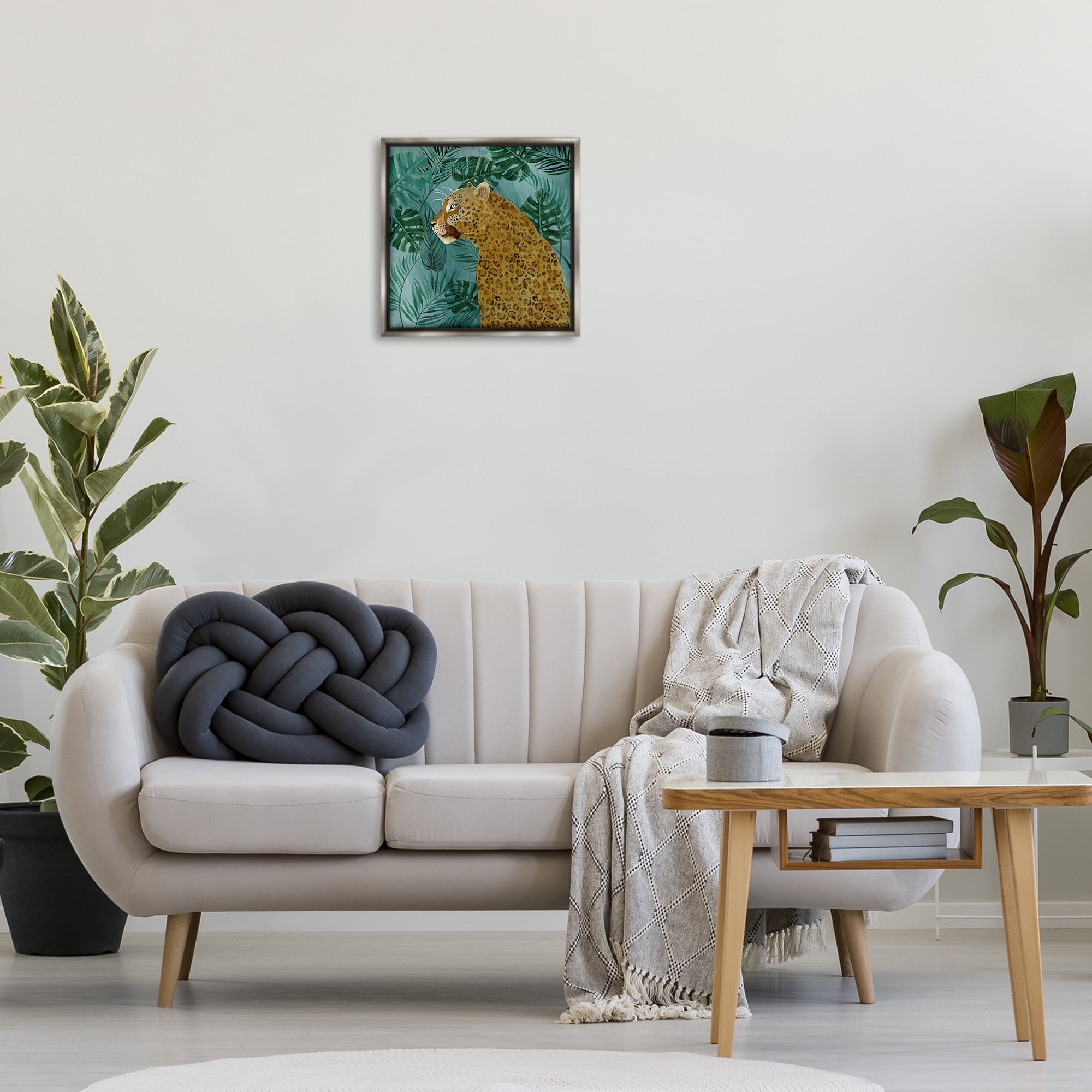 Stupell Industries Monstera & Palms Cheetah Animals Painting Gray Floater Framed Canvas Art Print Wall Art, 18 x 18