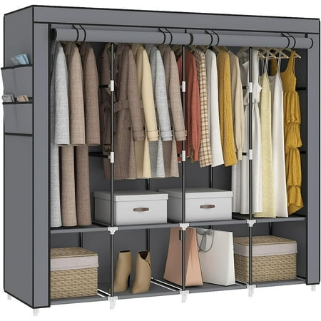 67 Inch Portable Closet Wardrobe for Hanging Clothes, Wardrobe Closet with Cover, 4 Hanging Rods and Side Pockets, 8 Storage Shelves, Large Clothes Organizer for Bedroom, Living Room, Grey