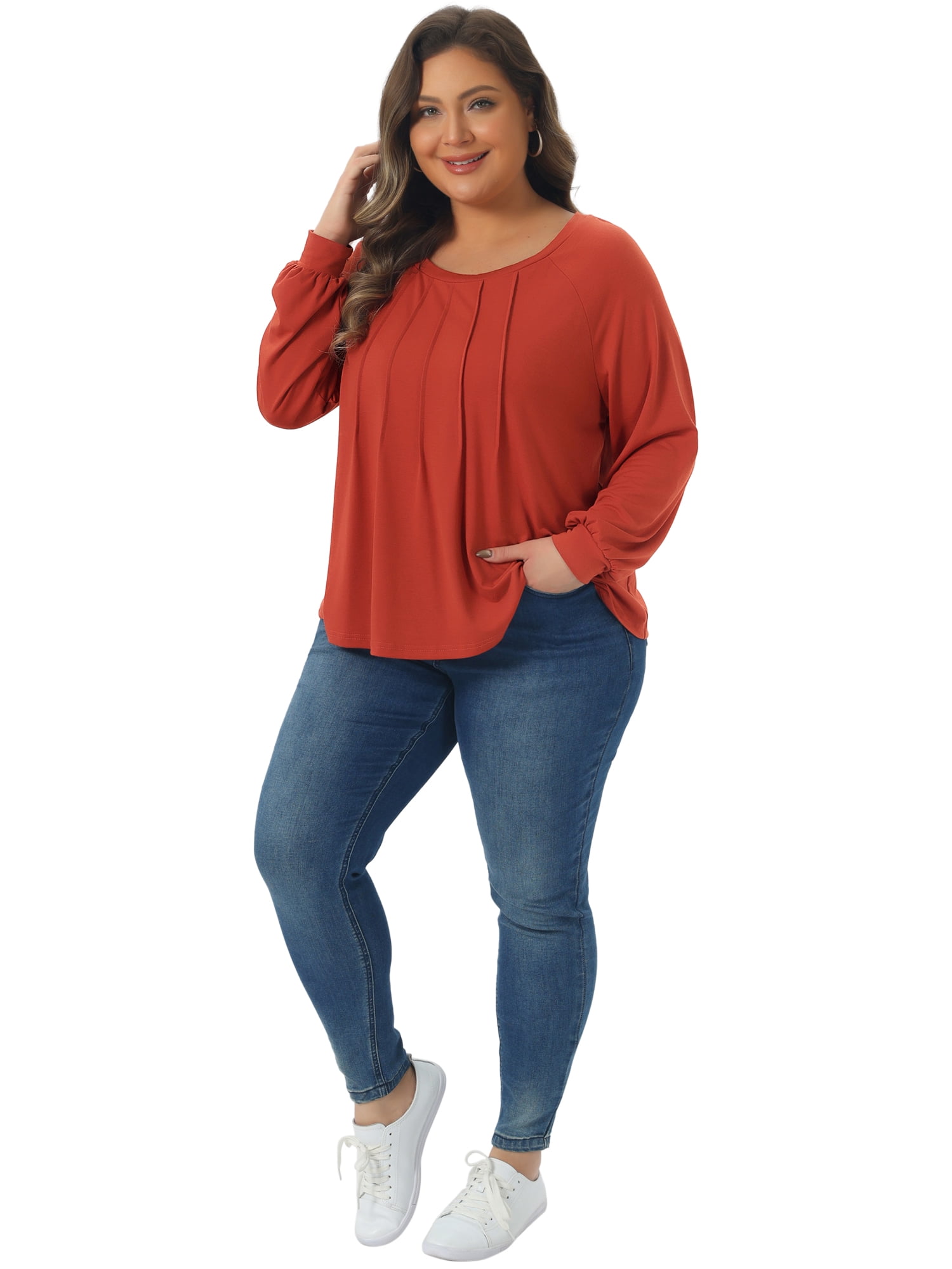DARING DIVA Women's Plus Tunic Crew Neck Pleated Casual Blouse 4X Orange Red