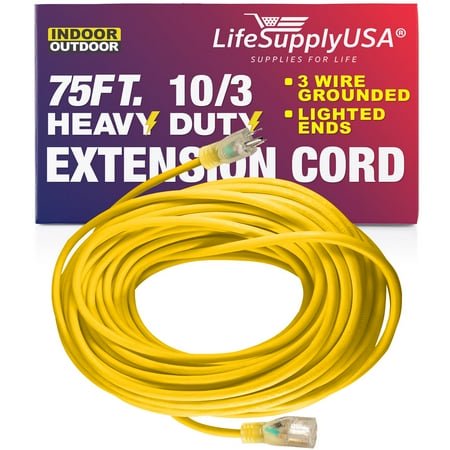 10/3 75ft SJTW 15 Amp 125 Volt 1875 Watt Lighted End Indoor / Outdoor Black Heavy Duty Extension Cord (75 Feet)