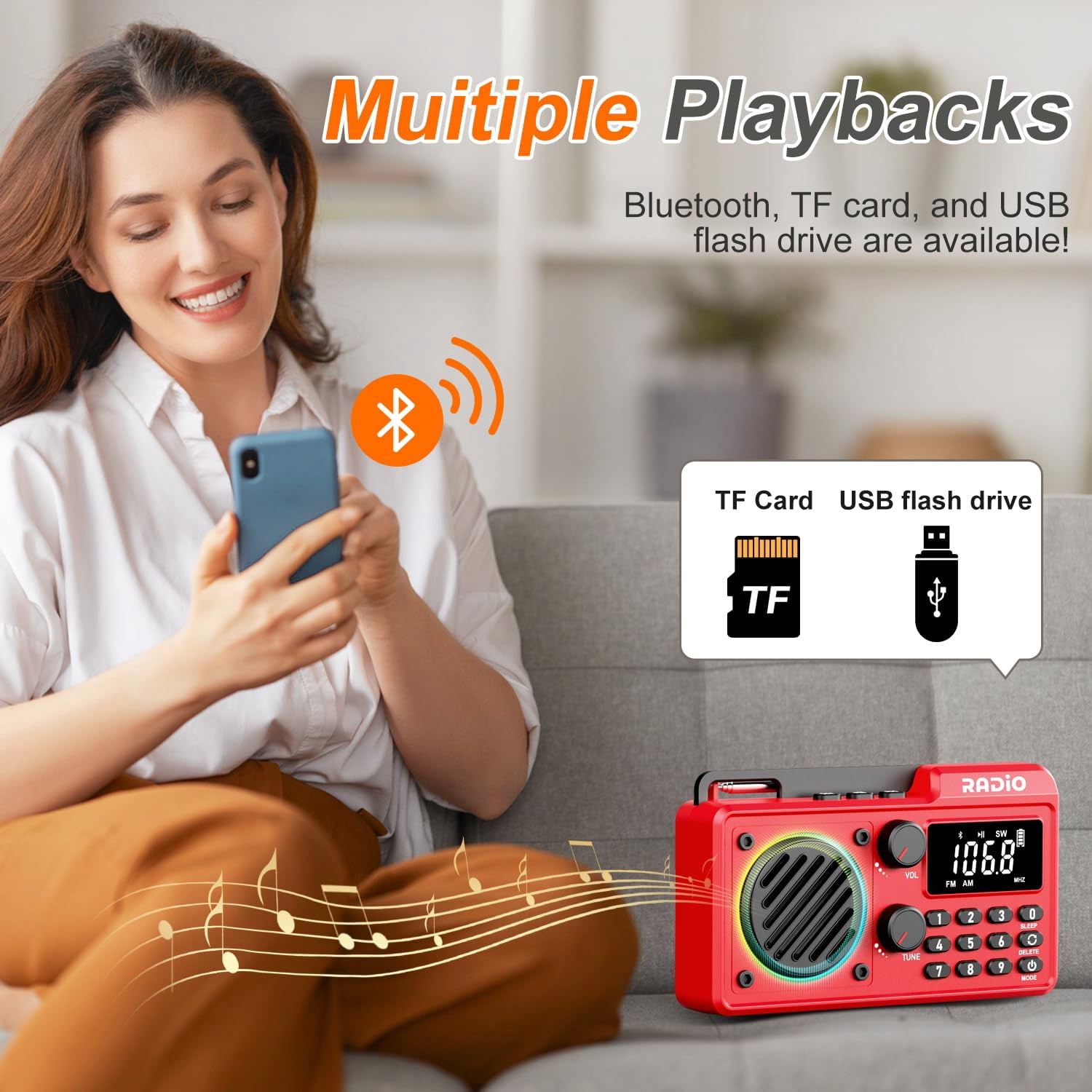 Portable AM/FM/SW Radio with Bluetooth 5.4｜1500mAh 30H Battery｜Crystal Clear Reception｜Compact Travel Speaker｜Sleep Timer & Emergency Ready