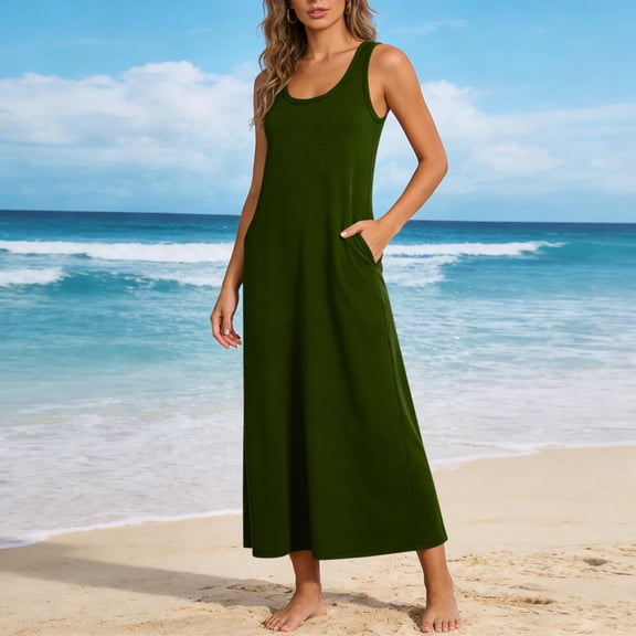 Women's Summer Dresses with Pockets Plus Size Crew Neck Solid Color Sleeveless Ankle Length Dress