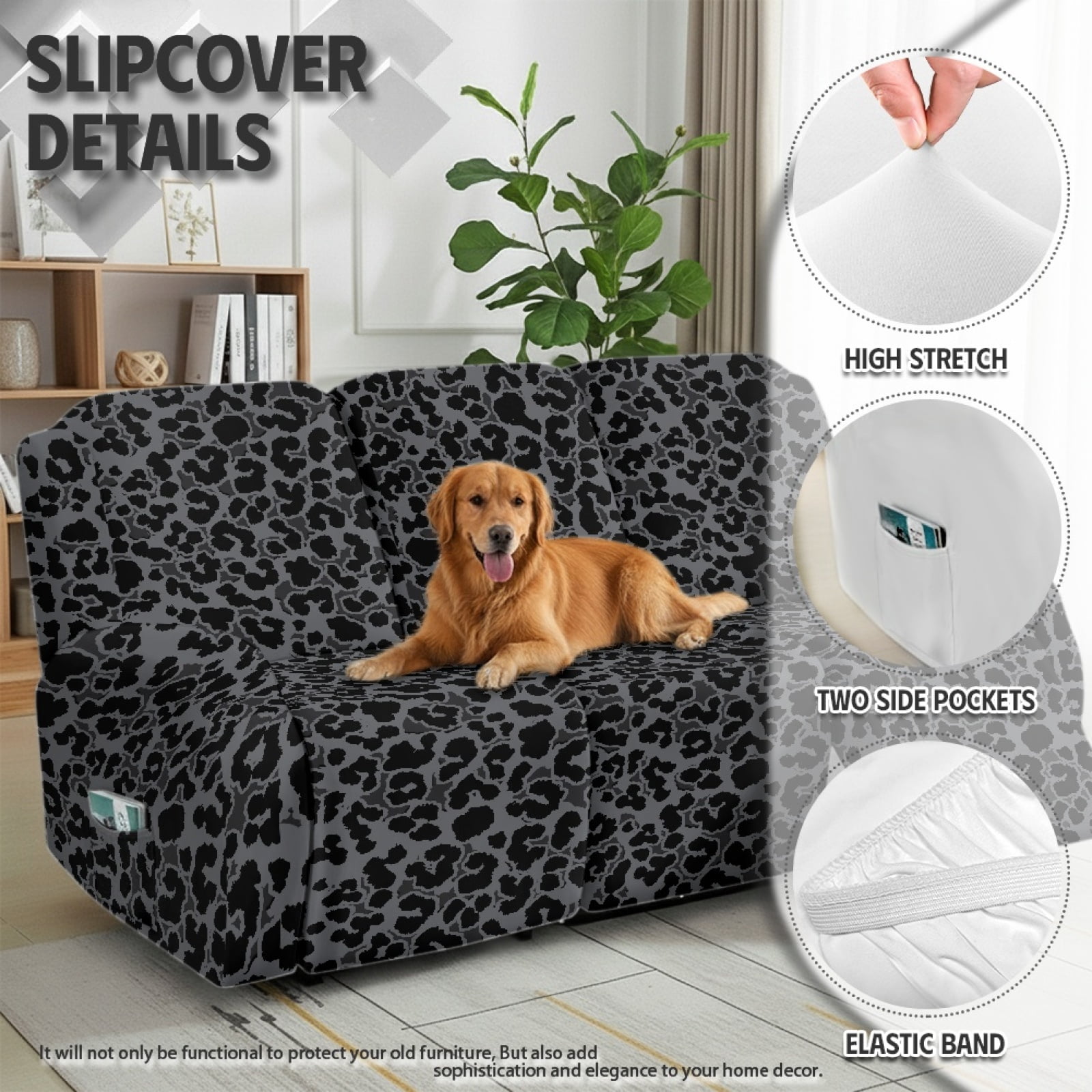 COEQINE Black Leopard Print Recliner Couch Cover Breathable 3 Seater Reclining Chair Slipcover 8 Pieces Non-Slip Recliner Sofa Cover with Pocket and Elastic Bottom for Dogs, Kids